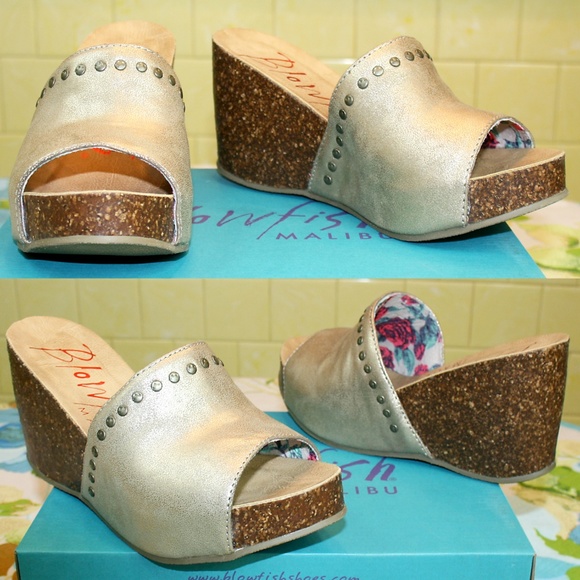 Blowfish Shoes - Studded Metallic Vegan Leather Wedge Sandal NIB